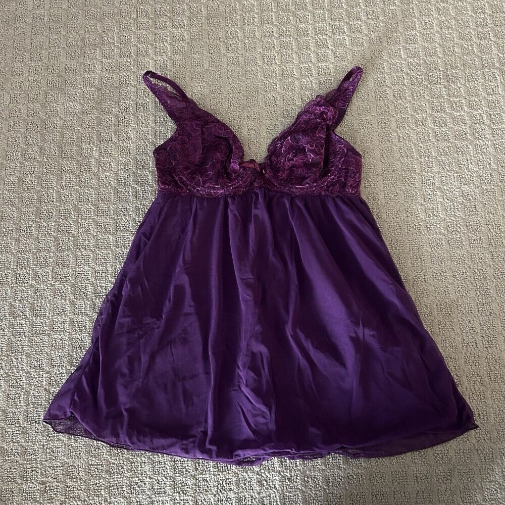 Inner Secrets Vintage Purple Mesh Ribbon Lace Nightgown Nightie‎ Cami Womens M